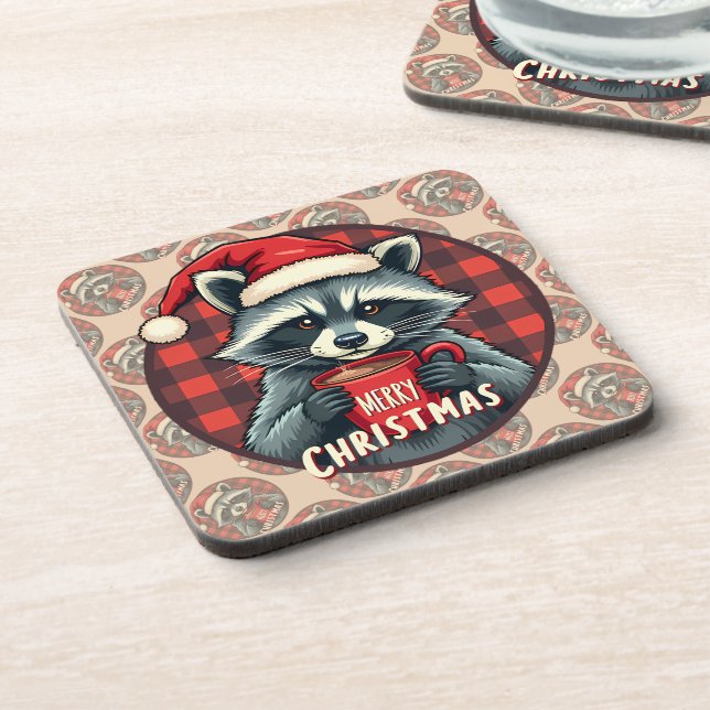 Christmas Raccoon Cocoa Cheer Beverage Coaster (Left Side)