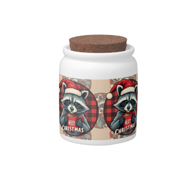 Christmas Raccoon Cocoa Cheer Candy Jar (Front)