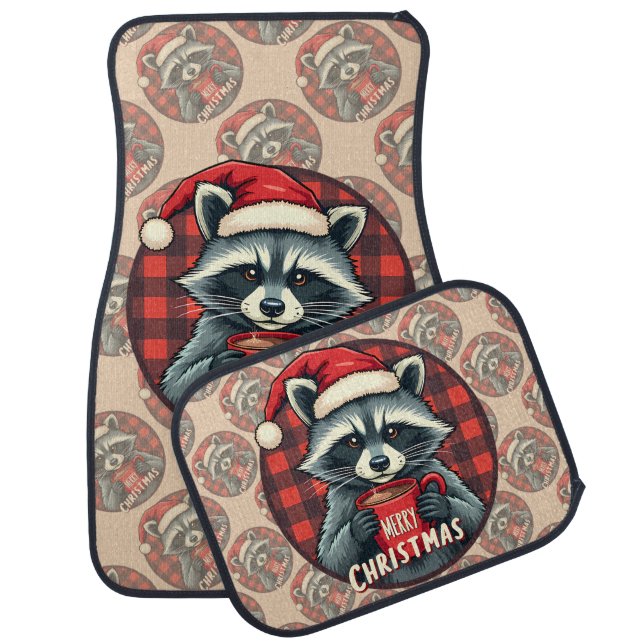 Christmas Raccoon Cocoa Cheer Car Floor Mat (Set)