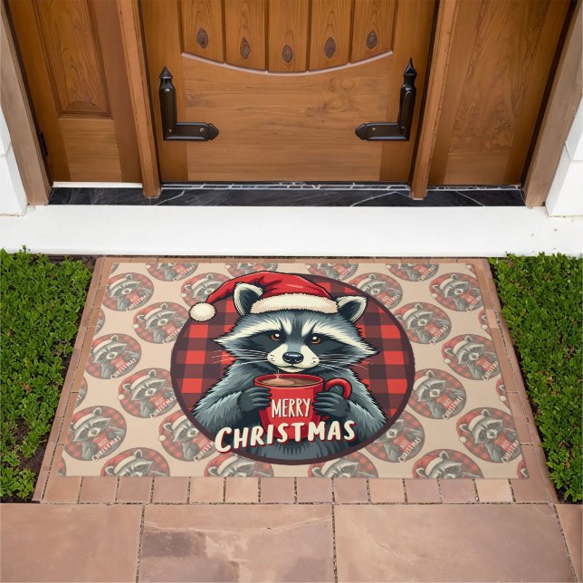 Christmas Raccoon Cocoa Cheer Doormat (Outdoor)