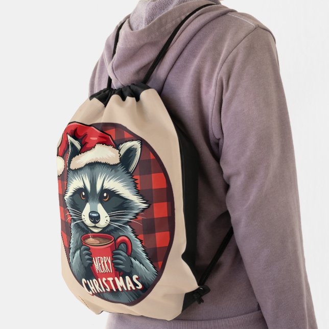 Christmas Raccoon Cocoa Cheer Drawstring Bag (Insitu)