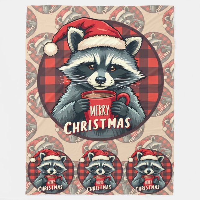 Christmas Raccoon Cocoa Cheer Fleece Blanket (Front)