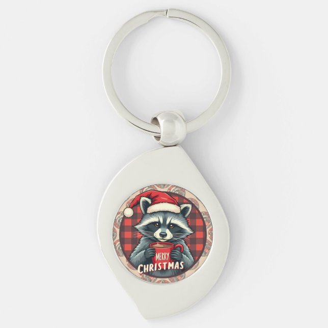 Christmas Raccoon Cocoa Cheer Keychain (Front)