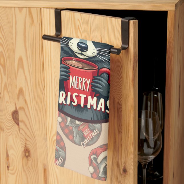 Christmas Raccoon Cocoa Cheer Kitchen Towel (Thirds Fold)