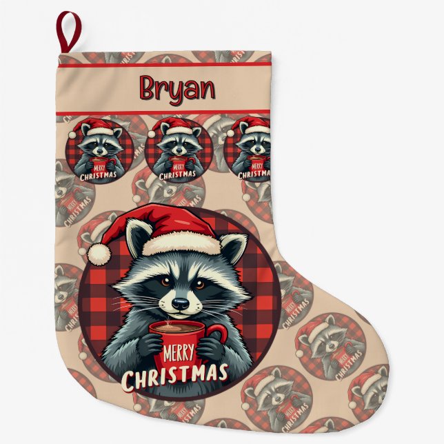 Christmas Raccoon Cocoa Cheer Large Christmas Stocking (Front)