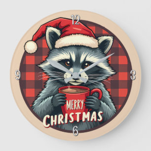 Christmas Raccoon Cocoa Cheer Large Clock