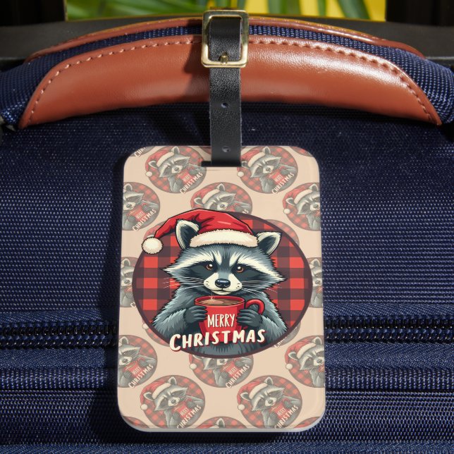 Christmas Raccoon Cocoa Cheer Luggage Tag (Front Insitu 2)