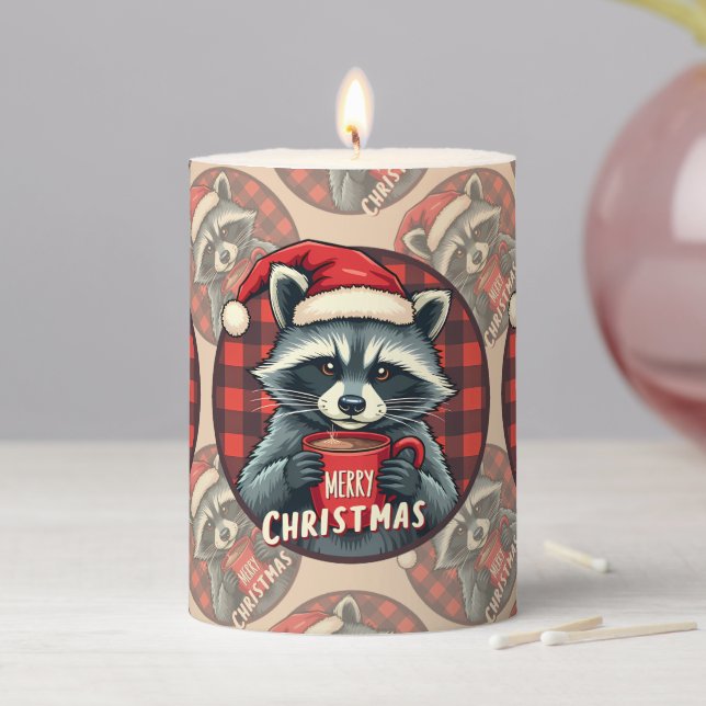 Christmas Raccoon Cocoa Cheer Pillar Candle (In Situ)