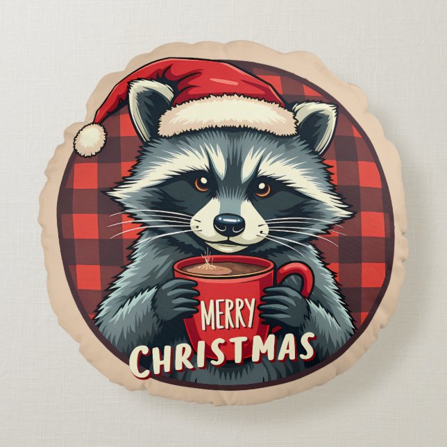 Christmas Raccoon Cocoa Cheer Round Pillow (Front)