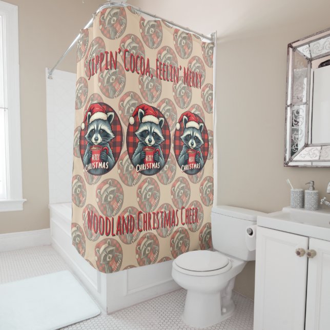 Christmas Raccoon Cocoa Cheer Shower Curtain (In Situ)