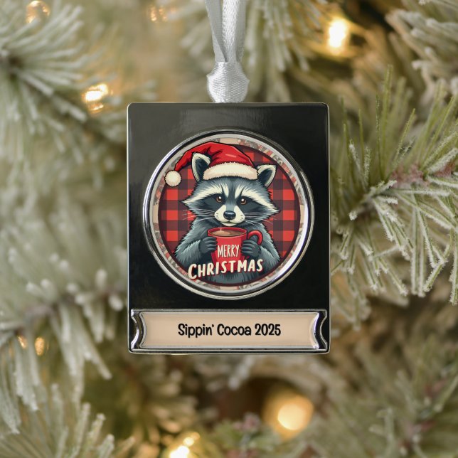 Christmas Raccoon Cocoa Cheer Silver Plated Banner Ornament (Tree)
