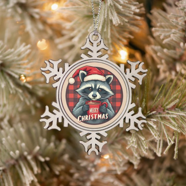 Christmas Raccoon Cocoa Cheer Snowflake Pewter Christmas Ornament (Tree)