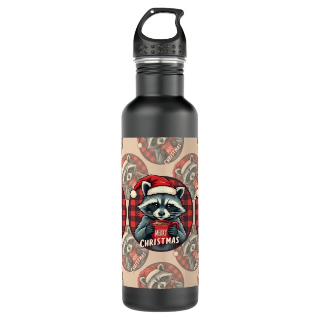Christmas Raccoon Cocoa Cheer Stainless Steel Water Bottle (Front)