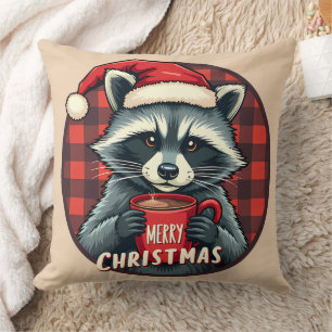 Christmas Raccoon Cocoa Cheer Throw Pillow