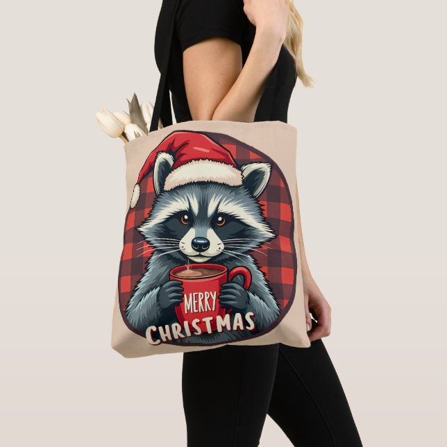 Christmas Raccoon Cocoa Cheer Tote Bag (Close Up)