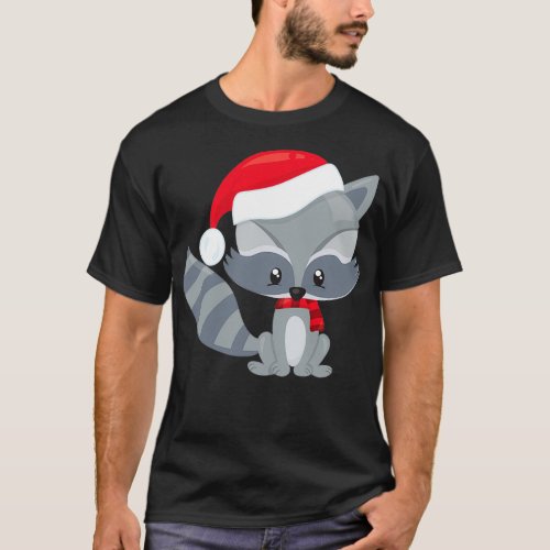 Christmas Raccoon Cute Raccoon Santa Hat Scarf T_Shirt