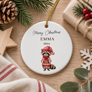 Christmas Raccoon Girl Watercolor Name Ceramic Ornament