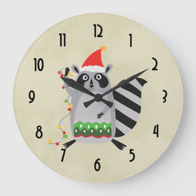 Christmas Raccoon Holding Holiday Lights Large Clock (Front)