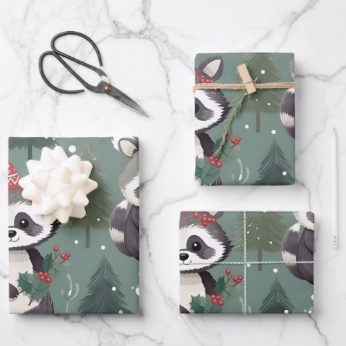 Christmas Raccoon pattern Wrapping Paper Sheets