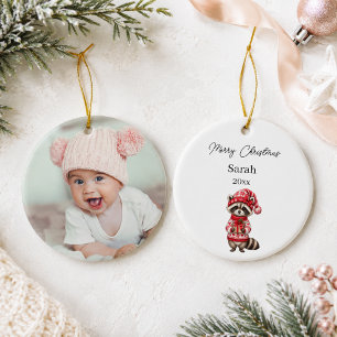 Christmas Raccoon Photo Name Baby Ceramic Ornament