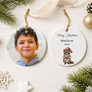 Christmas Raccoon Photo Watercolor Name Boy Ceramic Ornament