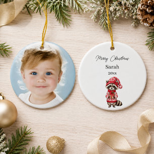 Christmas Raccoon Photo Watercolor Name Girl Ceramic Ornament