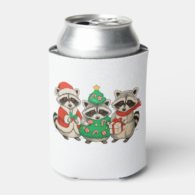 Christmas Raccoon Santa Hat Tree Xmas Lights Can Cooler (Can Front)