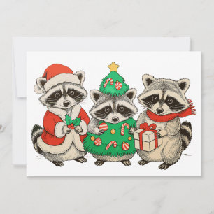 Christmas Raccoon Santa Hat Tree Xmas Lights Holiday Card