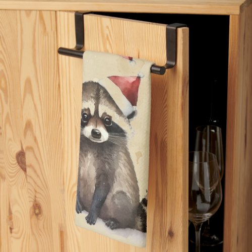 Christmas Raccoon Santa Hat Watercolor Fun Animal Kitchen Towel