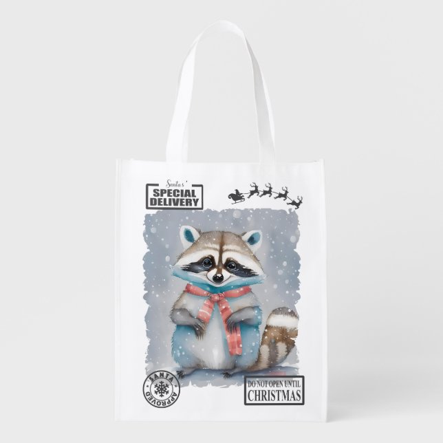 Christmas Raccoon Santa Sack Grocery Bag (Front)