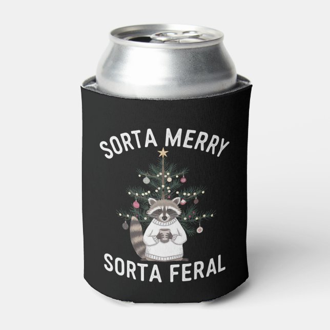 Christmas Raccoon Sorta Merry Sorta Feral Xmas Can Cooler (Can Front)