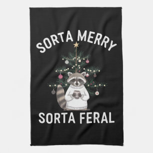 Christmas Raccoon Sorta Merry Sorta Feral Xmas Kitchen Towel