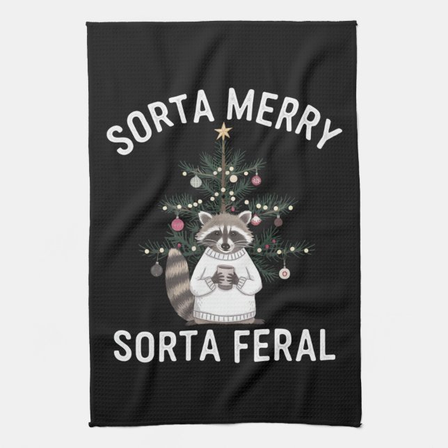 Christmas Raccoon Sorta Merry Sorta Feral Xmas Kitchen Towel (Vertical)