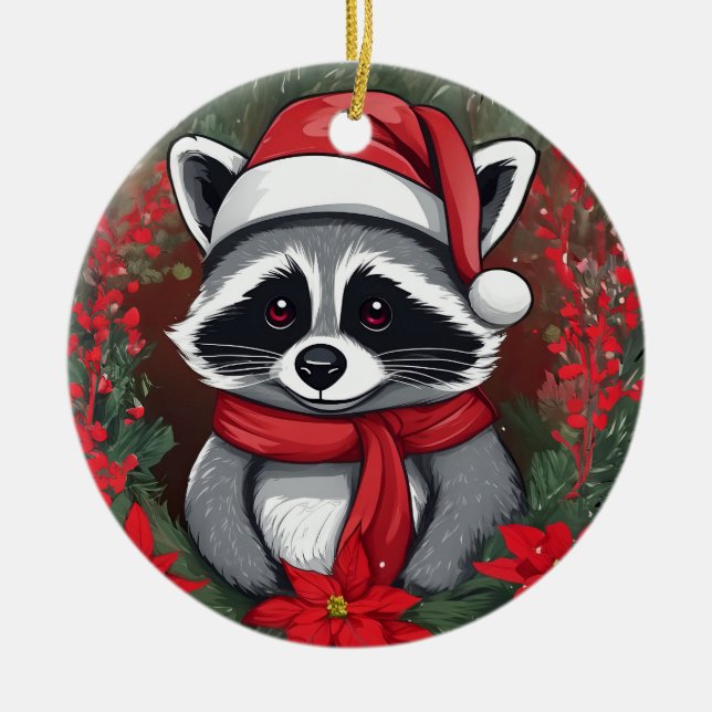 Christmas Raccoon With Poinsettias Santa Hat Ceramic Ornament (Front)