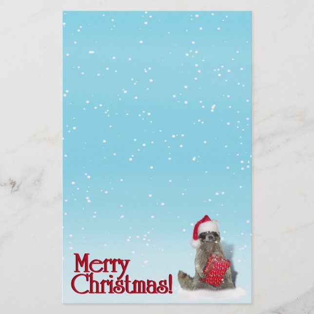 Christmas Raccoon with Present Stationery (Front)
