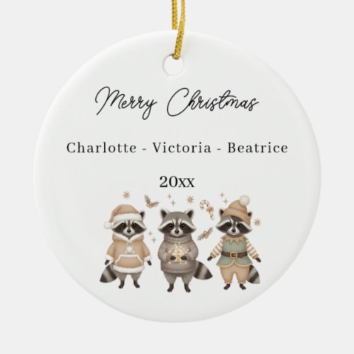 Christmas Raccoons Friends Watercolor Ceramic Ornament