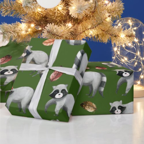 Christmas Raccoons  Green Wrapping Paper