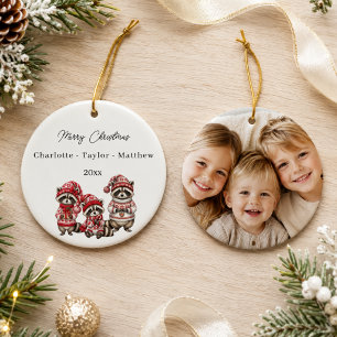 Christmas Raccoons Siblings Kids Photo Watercolor Ceramic Ornament