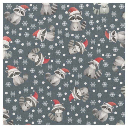 Christmas Raccoons & Snowflakes on Dark Gray-Blue Fabric