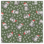 Christmas Raccoons &amp; Snowflakes on Dark Green Fabric