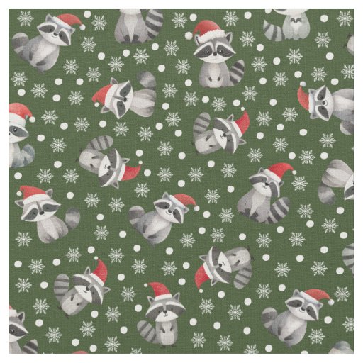 Christmas Raccoons & Snowflakes on Dark Green Fabric
