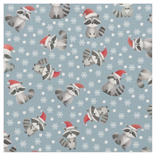 Christmas Raccoons & Snowflakes on Light Gray-Blue Fabric