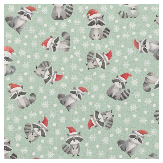Christmas Raccoons & Snowflakes on Light Green Fabric (Close Up)
