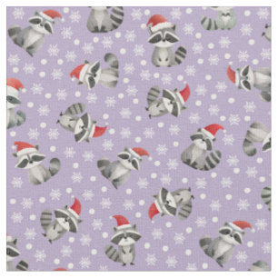 Christmas Raccoons & Snowflakes on Light Purple Fabric