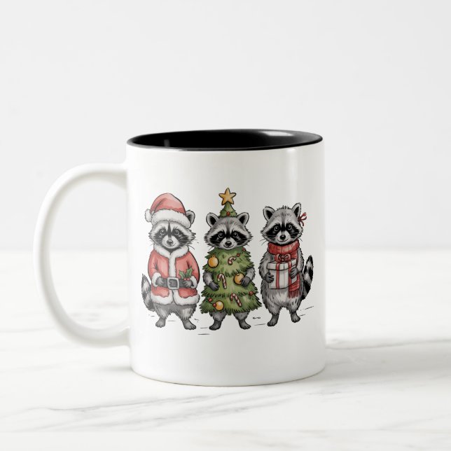 Christmas Raccoons Woodland Trio Santa Tree Animal Two-Tone Coffee Mug (Left)