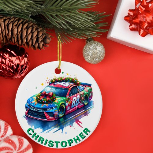 Christmas Race Car Racing Fan Custom Name Ceramic Ornament