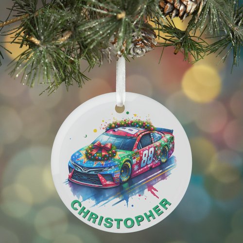 Christmas Race Car Racing Fan Custom Name Glass Ornament
