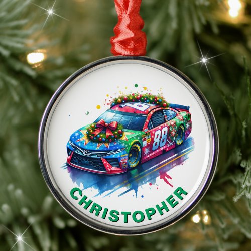 Christmas Race Car Racing Fan Custom Name Metal Ornament