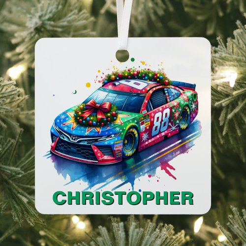 Christmas Race Car Racing Fan Custom Name Metal Ornament