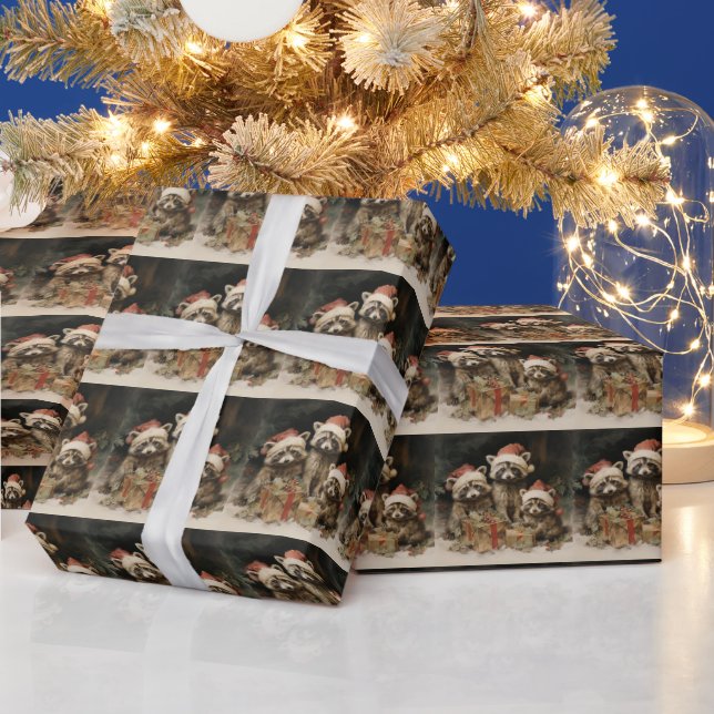 Christmas Racoons Wearing Santa Hats Wrapping Paper (Holidays)